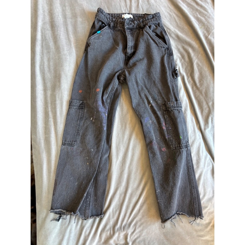 HM Divided Carpenter Pants Washed Black Paint Splatter Raw Hem Utility Jeans